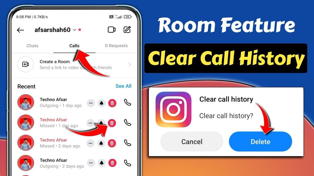 Delete Instagram call history from the calls tab